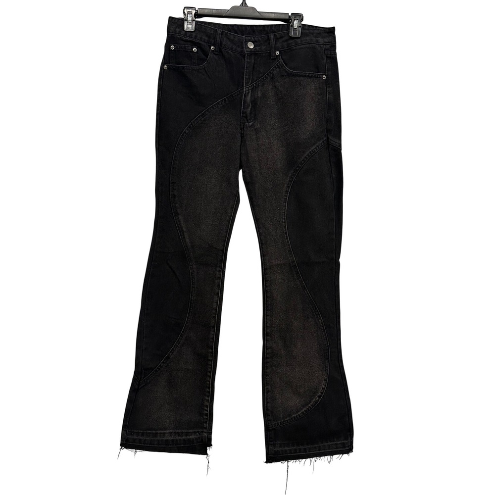 SUMWON Mens Black Curved Panelled Flared Denim Jeans Size M Frayed Hem 981